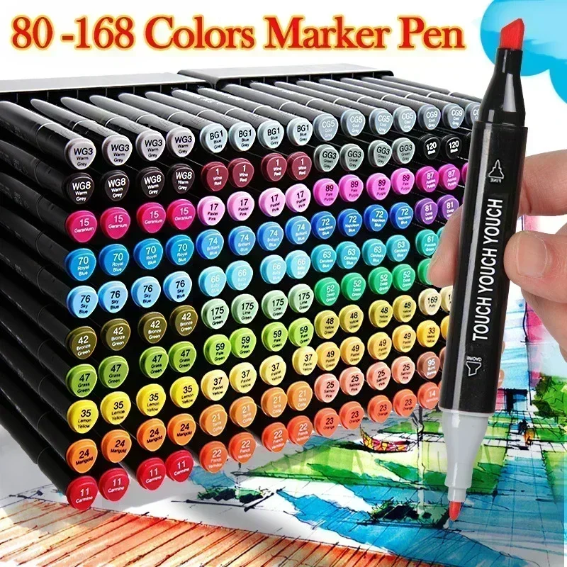 168 Kleuren Dual Tip Markeerstift Pen Set Voor Komische Kunstschets Graffiti Aquarel Koreaanse Briefpapier Levendige Kleurpennen