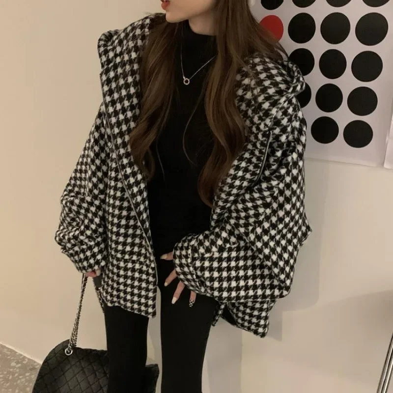 Vintage Thousand Birds Plaid Woolen Jacket Petite Hooded Top Autumn/Winter Loose Fit Slimming Thickened Cotton Coat Women's Tren