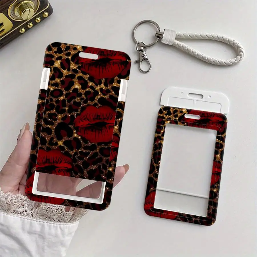 Red Leopard Lips Cover Case 1Pc Card Holder Retractable Credit Card Holders Holders Child Bus with lanyard Badge Bank ID