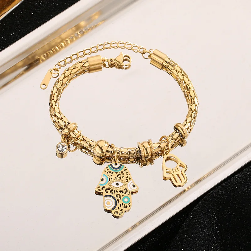 Stainless Steel Charm Bangle Bracelet for Women Gold Color  Hamsa Hand-shaped  Bracelet