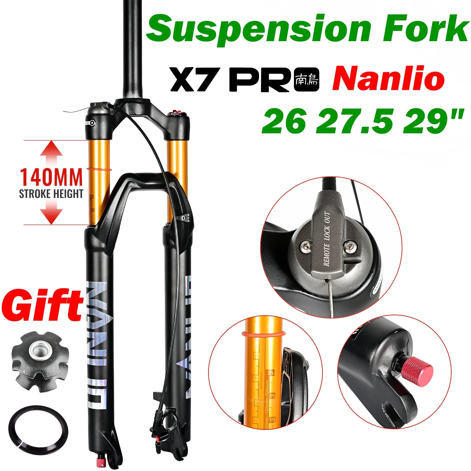 NanLio X7 PRO MTB Bike Suspension Fork Damping Rebound Adjustment 26/27.5/29 Inch, 120-140mm Travel, Metal Bushings Air Forks