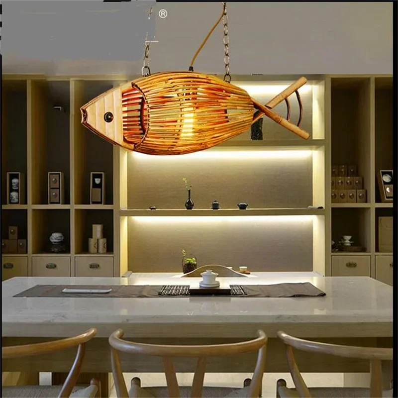 Japanese Style Fish Bamboo Pendant Lights Southeast Asian Garden Bedroom Led Creative Mermaid Personality Pendant Lamps