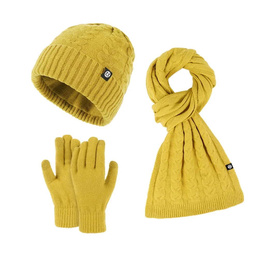 Ensemble écharpe longue et bonnet pour femme, bonnet et gants, optique chaude, double couche, rouge et jaune, document solide, Fushia, hiver, 3 pièces