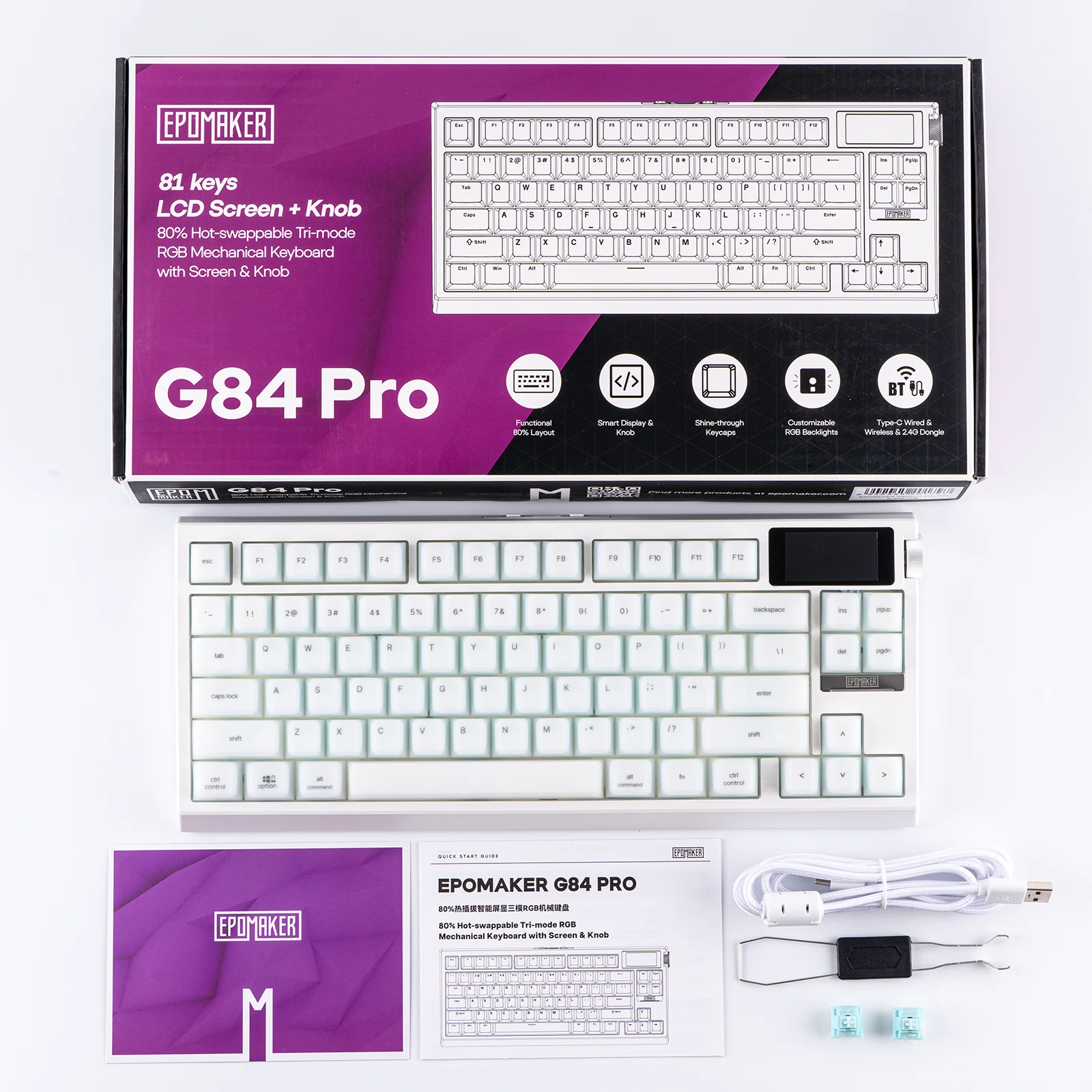 EPOMAKER G84 PRO 80% ANSI US QWERTY Układ Klawiatury Mechanicznej Gamingowej Przewodowa/Bluetooth/Bezprzewodowa 2.4Ghz z Ekranem Szklanym i Metalowym Pokrętłem — zdjęcie produktu 6