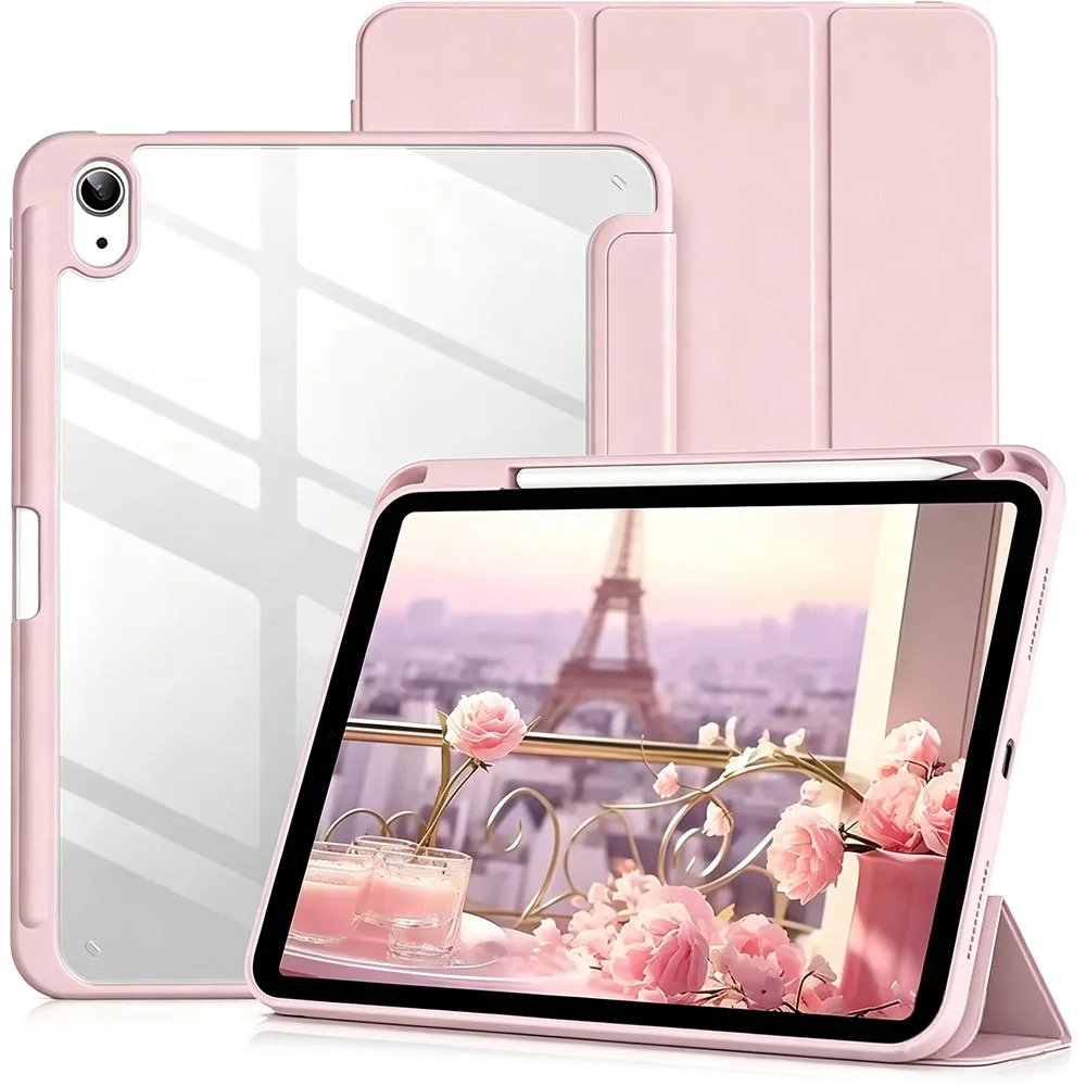 Étui pour iPad Apple 2025 avec support pour stylet, coque arrière transparente en acrylique pliable en trois parties, Smart Cover pour iPad 11e génération 11 pouces A16