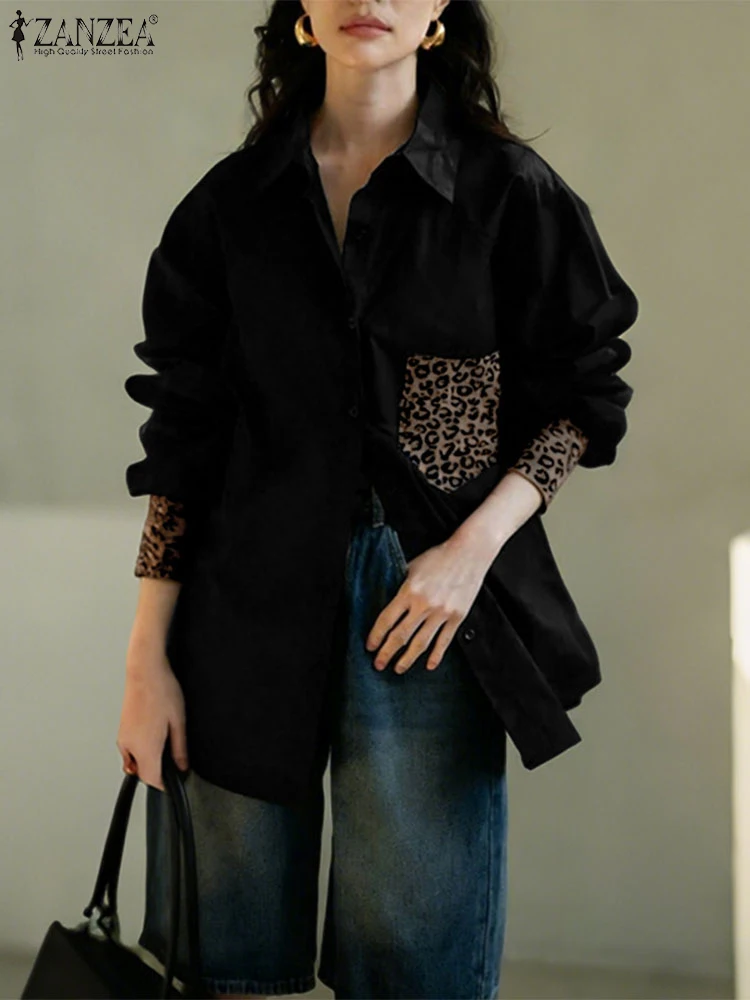 ZANZEA Women Shirts Fashion Patchwork Leopard Tops 2025 Vintage Long Sleeve Tunic Casual Loose Lapel Neck Elegant OL Work Blusas