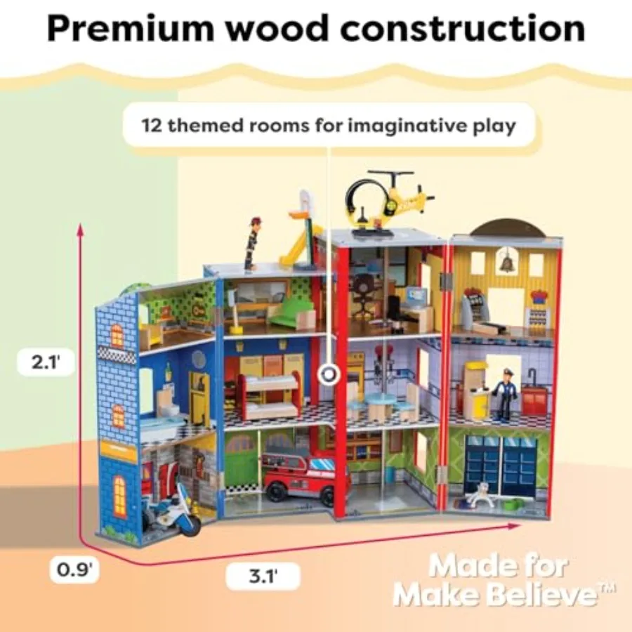 エブリデイヒーローズ 木製プレイセット、3階建て、26個のアクセサリー付き、収納用に折りたたみ可能
