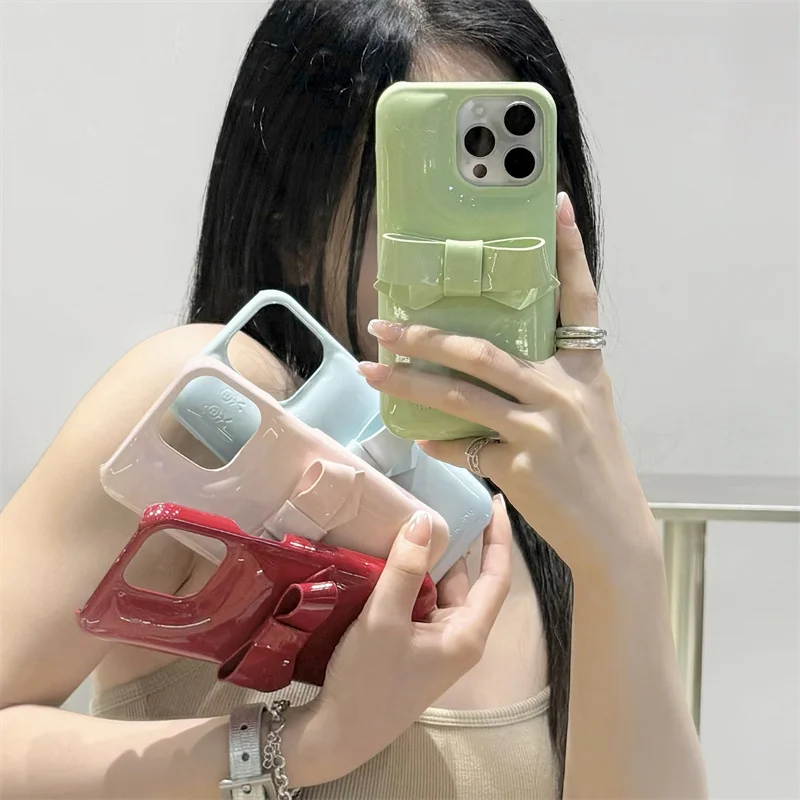 

Candy Color Cute Bowknot Phone Case For iPhone 16 Pro 14 15 13 Pro Max Back Cover Korean Lovely Shockproof Cases 15Pro Max Funda