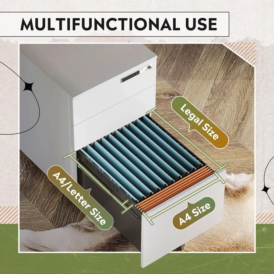 3 Drawer File Cabinet with Combination LockFully Assembled Metal Filling Cabinet Except Wheels, Mobile Under Desk File Cabinets