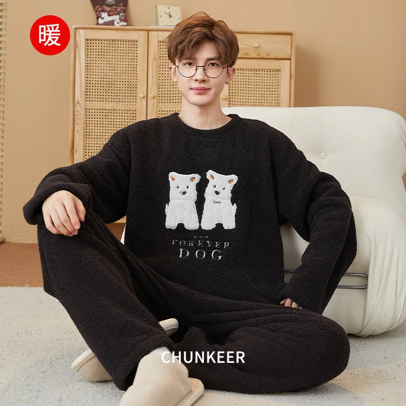 الشتاء نصف بيجامة من الصوف الرجال الكورية الشباب الكرتون ملابس خاصة الدافئة سميكة المتسكعون كلاب أليف طباعة أفخم Homesuit وتتسابق #1