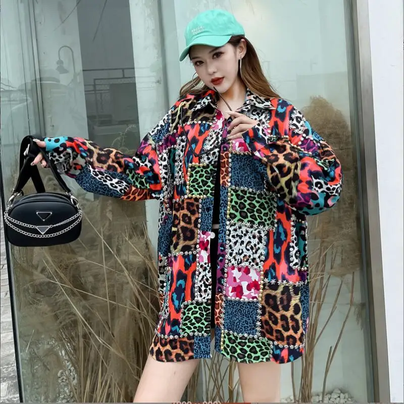 

Women Long Sleeves Lapel Shirt Loose Heavy Industry Bead Lattice Leopard Print Printing Shirts 2022 Autumn Blouses p545