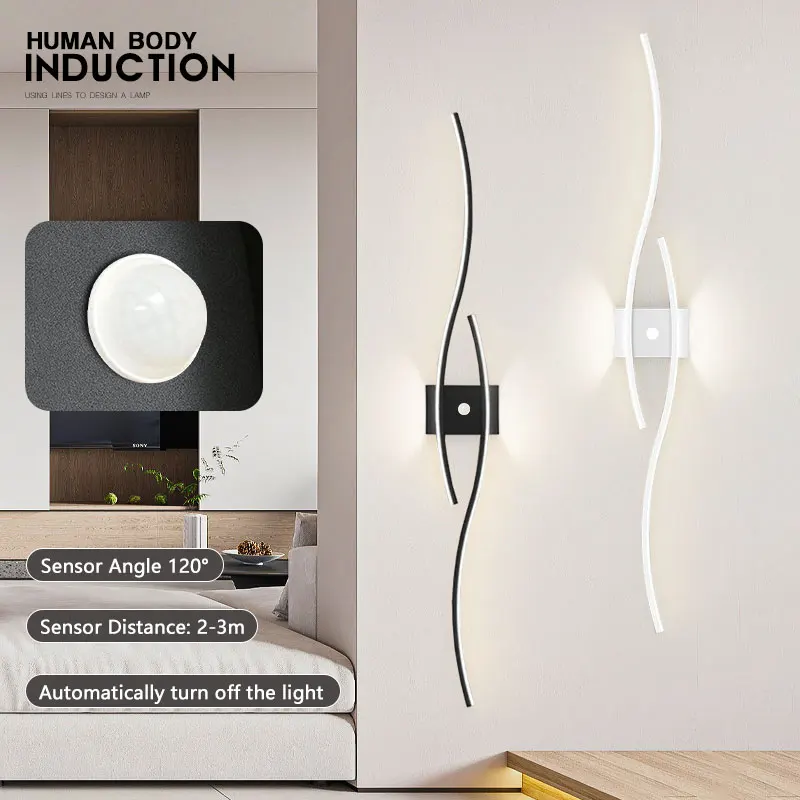 Interior PIR Motion Human Sensor LED Wall Lights Minimalist Induction Wall Lamps Black Wall Sconces For Bedroom Living Room Home