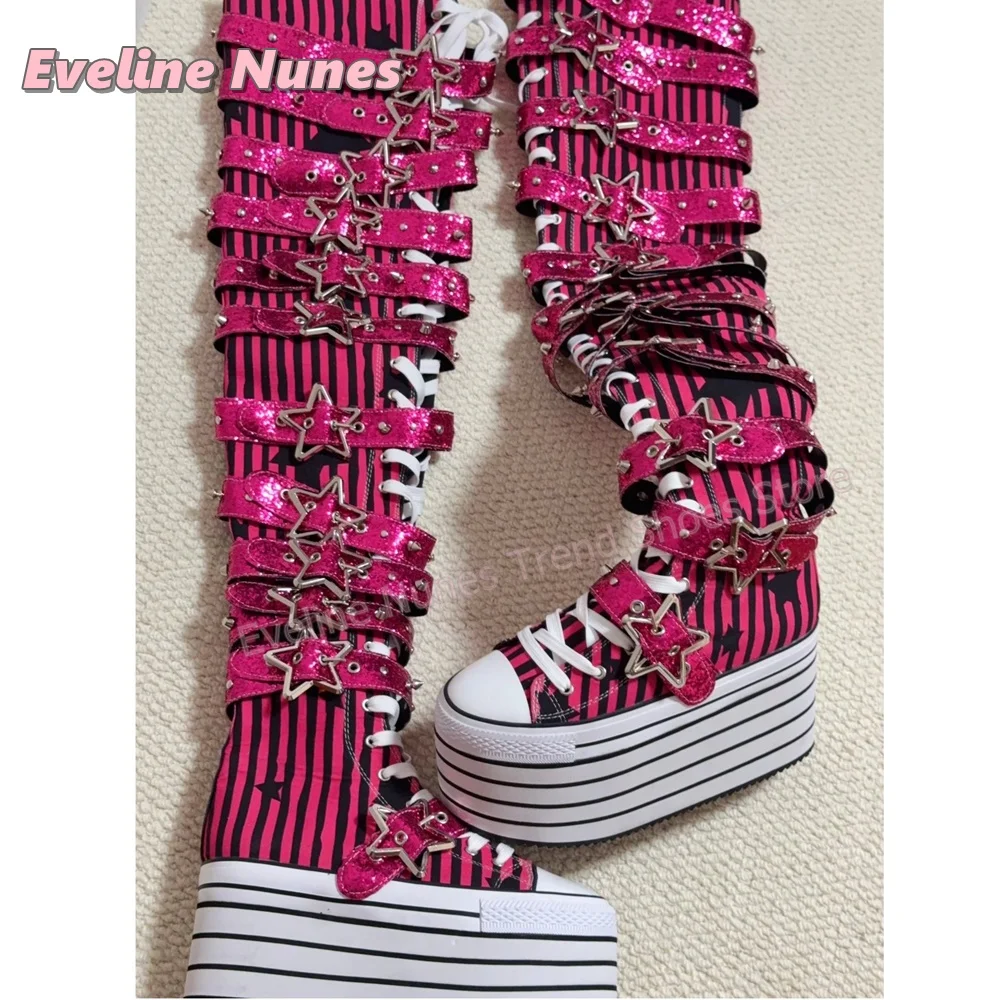 Y2K Gothic Women Vertical Stripe Over The Knee Boots Round Toe Thick Sole Multi Glitter Star Decor Straps Platform Lace Up 2026 view 6