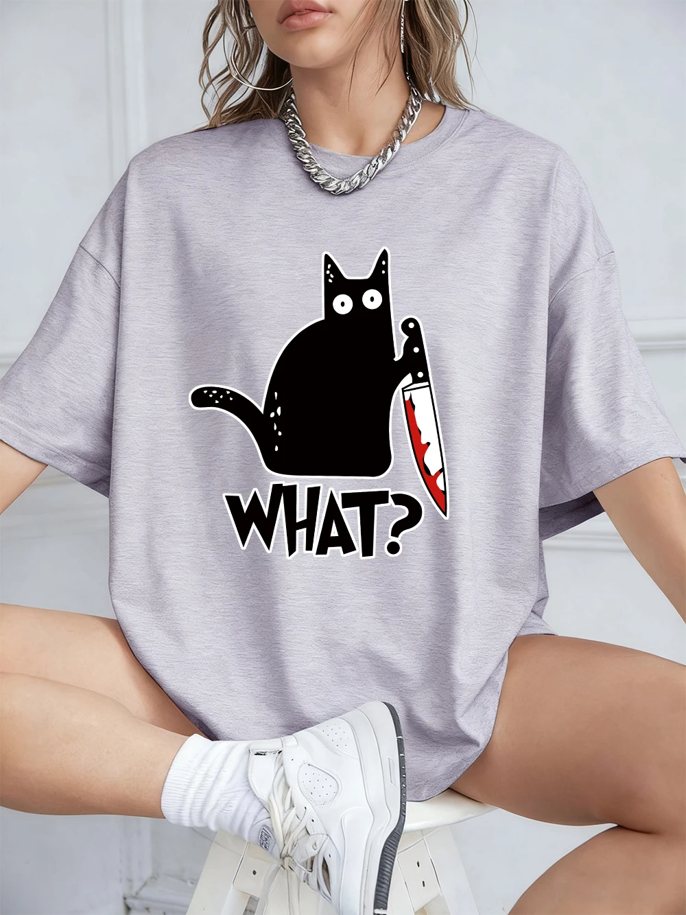 Black Cat Holding A Knife Prints Short Sleeve T-Shirts Womens Summer Cotton Tee Shirts Loose O-Neck Soft Tops Street Clothes
