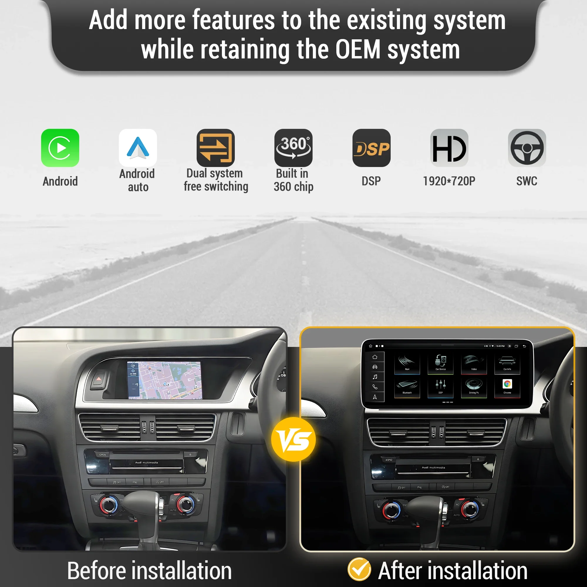 12.3 inch Right Hand Drive Android 13 Car Radio For Audi A4 A5 B8 2009-2016 BT Carplay Qualcomm Snapdragon 680 Head Unit Screen