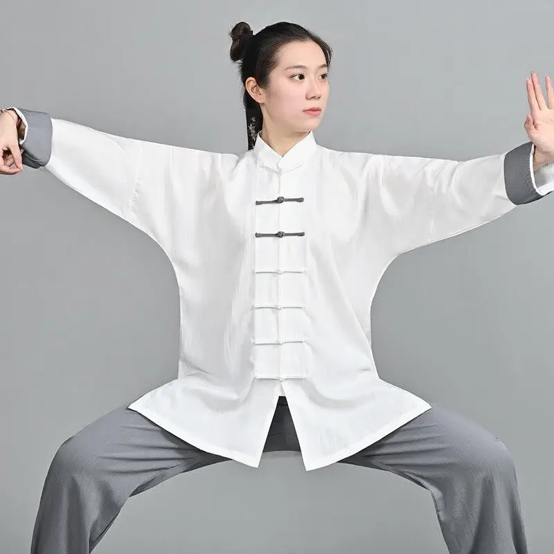 New Brocade Elastic Linen Color Block Tai Chi Suit Unisex Professional Kung Fu Baduanjin Performance Set