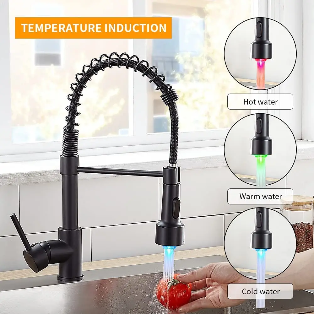 Pulvérisateur de cuisine à lumière LED avec nervures vers le bas, acier inoxydable 304, industriel, poignée unique, 9005