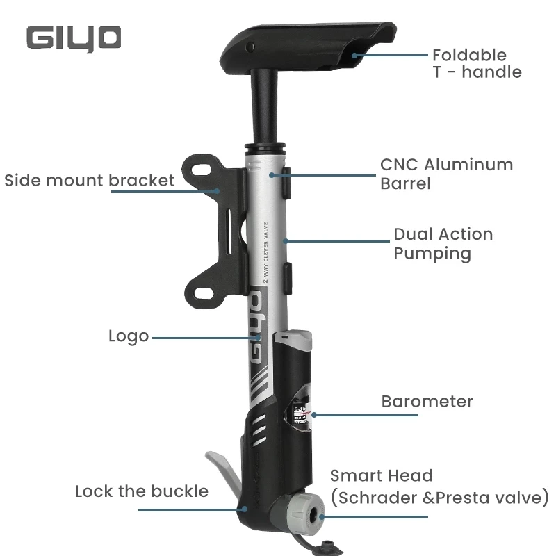 Giyo Pump 120psi Mini Dual Action Bicycle Pump MTB Inflator Road Bike Cycling Presta Schrader Valve Portable Tire Hand Pump