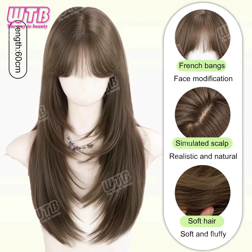 WTB WIGS Synthetic Wig with Bangs Long Brown Wigs for Women,Layered Heat Resistant Synthetic Wigs for Daily Use