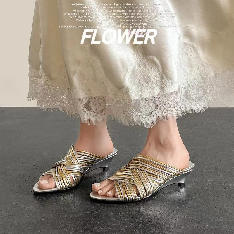 2026 new summer women sandals natural leather 22-25cm sheepskin cross-strap split toe mules high heel women slippers fashion