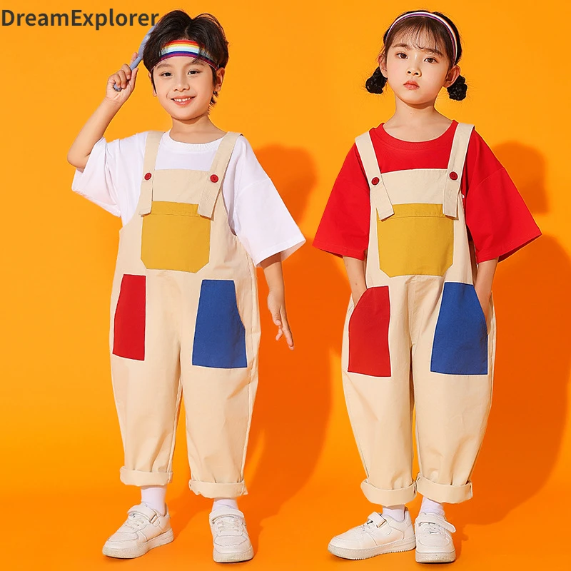 Boys Hip Hop Colored T-shirt Loose Contrast Overalls Girls Patchwork Dungaree Child Jumpsuit Street Dance Romper Kids Streetwear