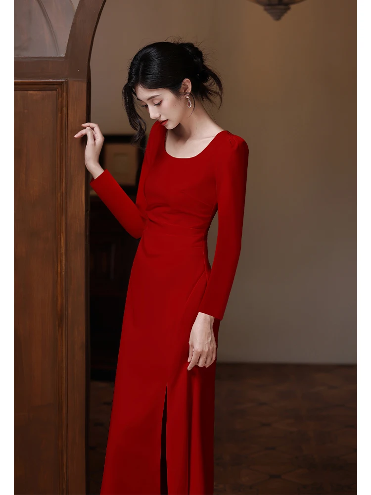 

Красное вечернее платье-русалка с длинными рукавами, красивое, с завышенной талией, корейский стиль, из полиэстера, с U-образным вырезом