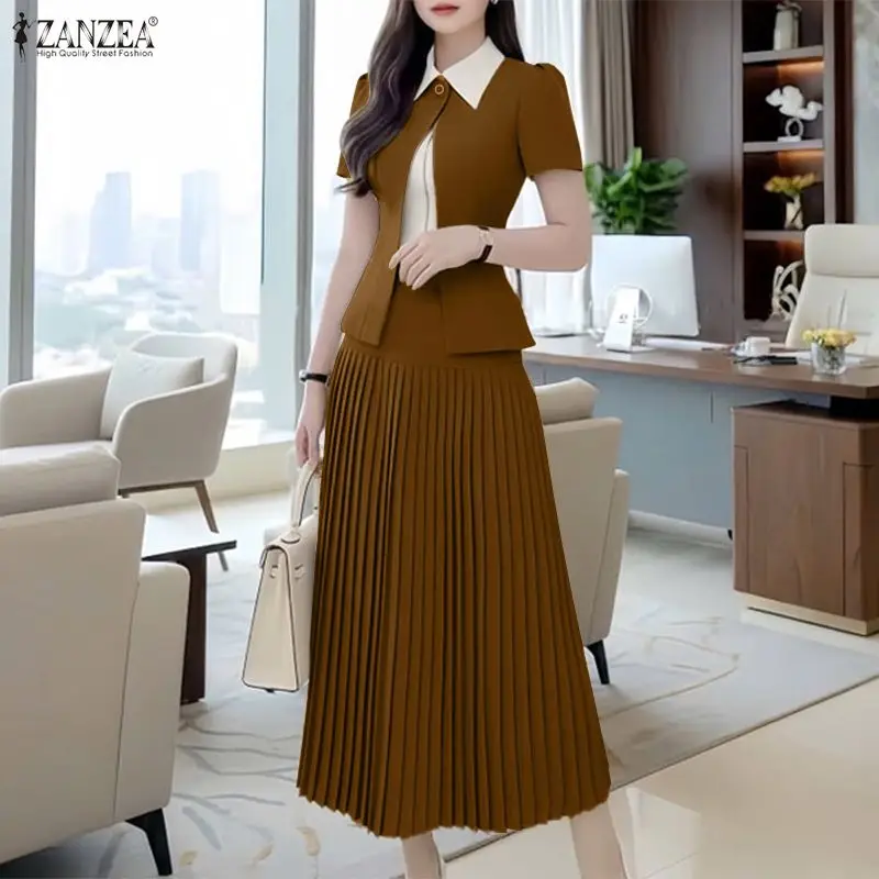 

ZANZEA Элегантные комплекты из двух предметов, женские рубашки с короткими рукавами и длинные юбки, плиссированные комплекты из 2 предметов, 2026 летних платьев, повседневные однотонные комплекты