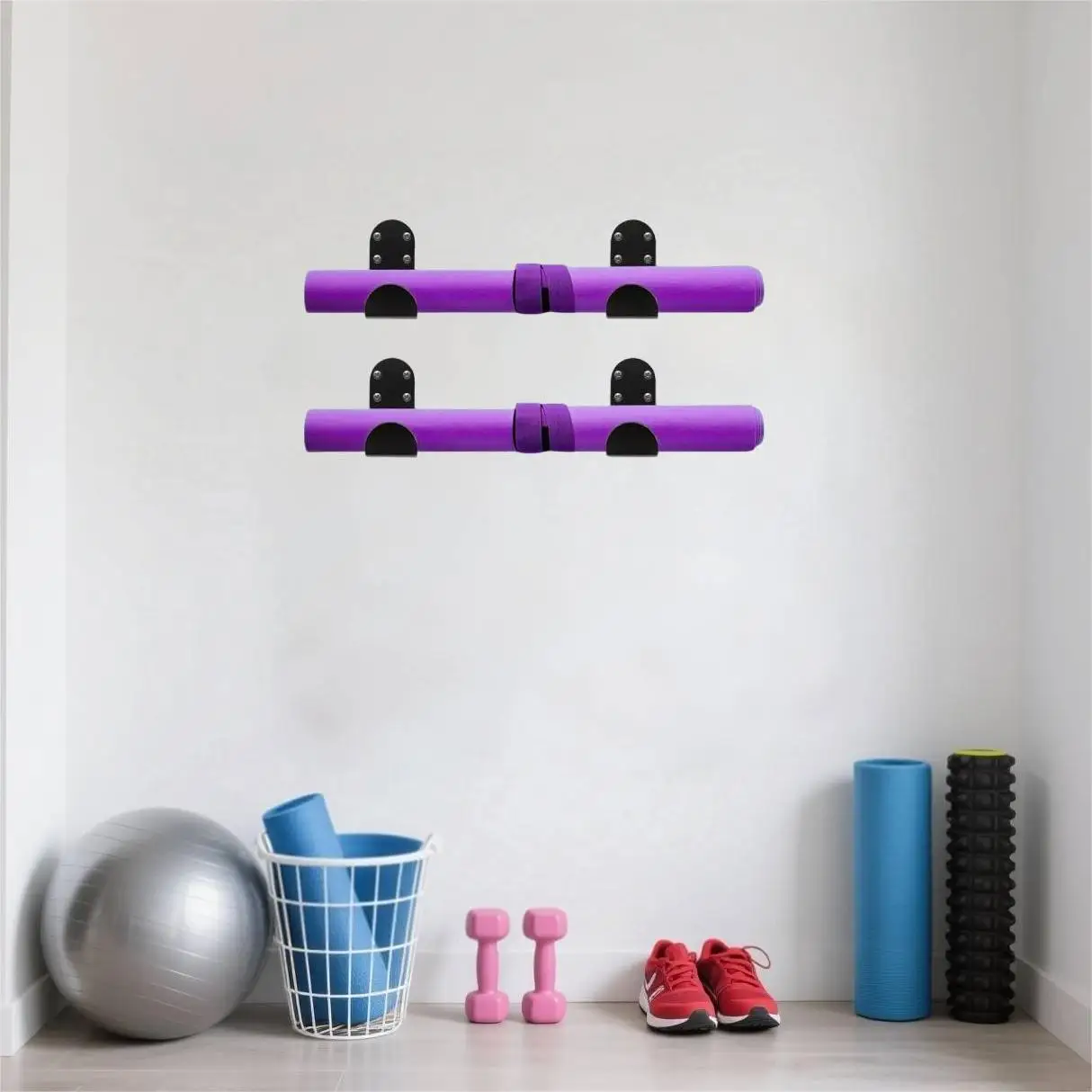 Yoga Mat Storage Rack Wall Mount Holder Exercise Mat Hanger Foam Roller Wall Hooks Gym Organizer for Hanging Fitness Bands Yoga