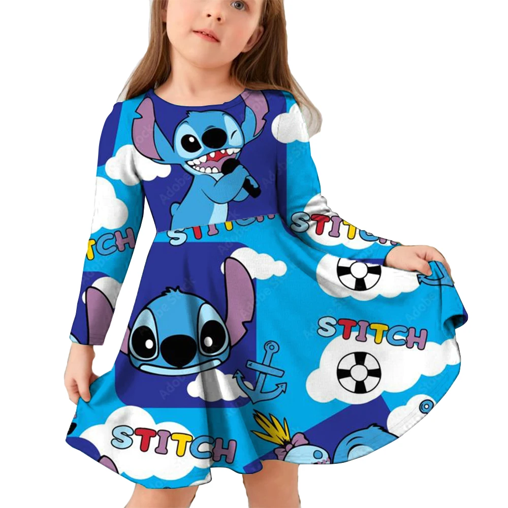 Disney Stitch cartoon print Princess Girls Dresses Fairy Tale Cotton Long Sleeve Children's Clothes Party Fashion Kids Frocks