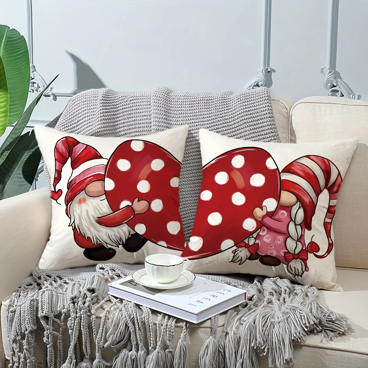Valentine's Day Pillow Cover Set - Red Polka Dot & Love Heart Gnomes Design | Decor for Couch/Living Room (Inserts Not Included)