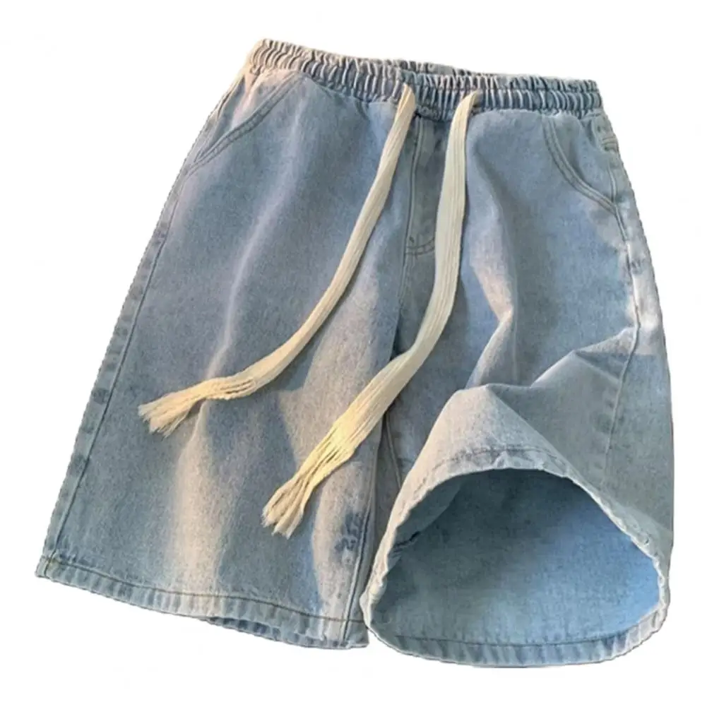 Comfortable Denim Shorts Men's Elastic Drawstring Denim Shorts with Pockets Casual Summer Beach Shorts for Quick-drying Wide Leg