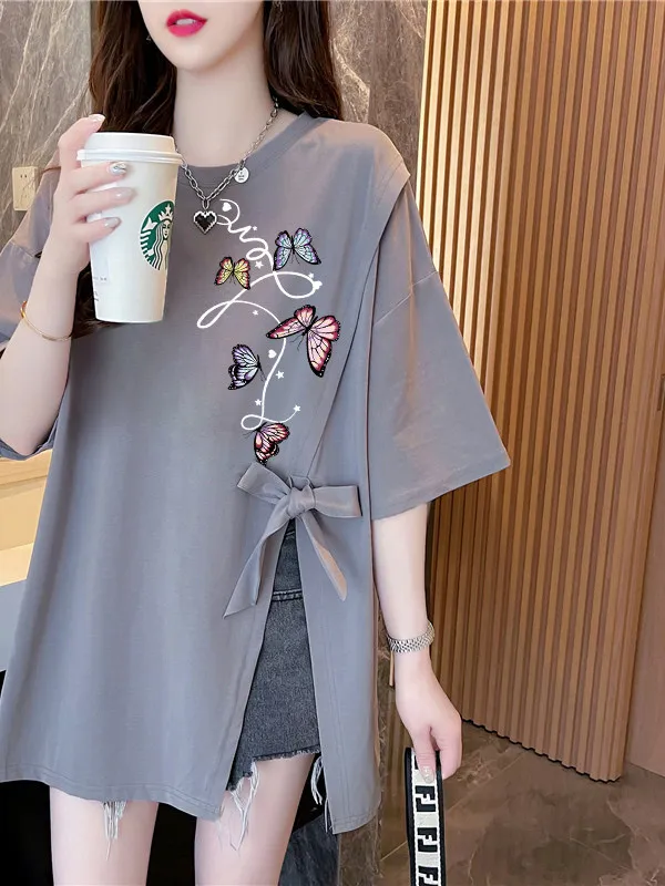 New Chinese Style  Knot Pure Cotton Short Sleeve T-Shirt Women Summer plus Size Loose Fit round Neck Top Korean Style