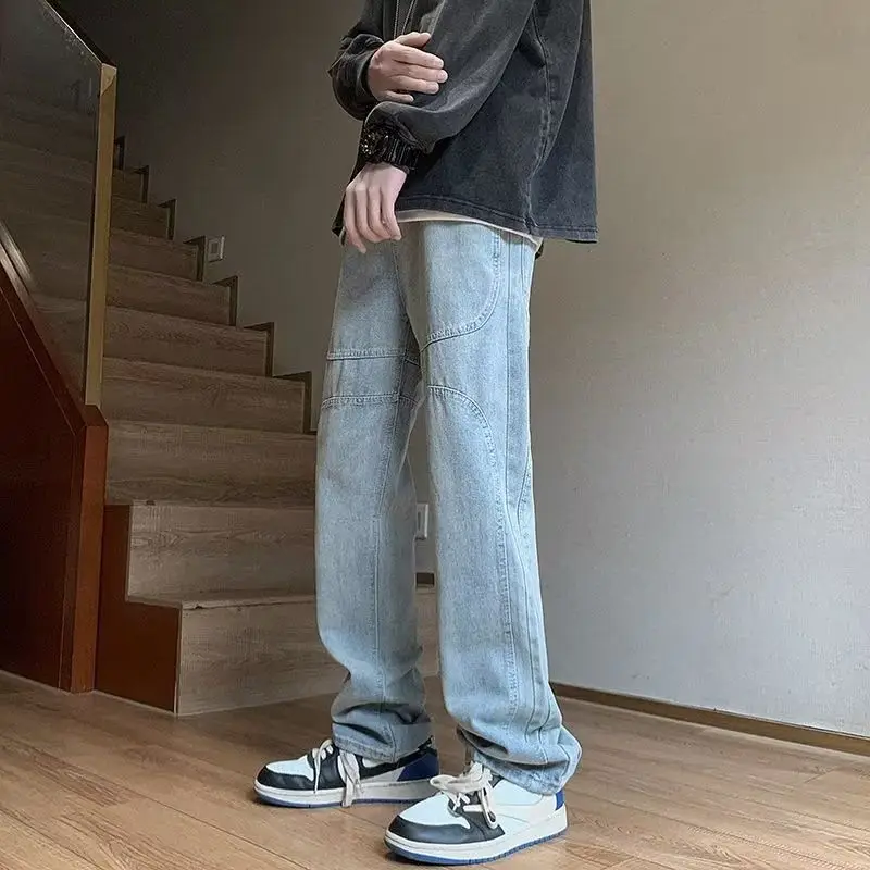 

Голубая мужская рабочая одежда Джинсы High Street Design Длинные брюки-колокольчики с эффектом прямых штанов из смеси хлопка и полиэстера Весенняя одежда