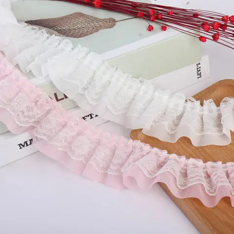 Lace Trim Ribbon 2yards 5cm Double-Layer Pleated Chiffon Lace Trim Clothing Wedding Accessories Decor Ribbon DIY Handmade Sewing Lace Trimmings
