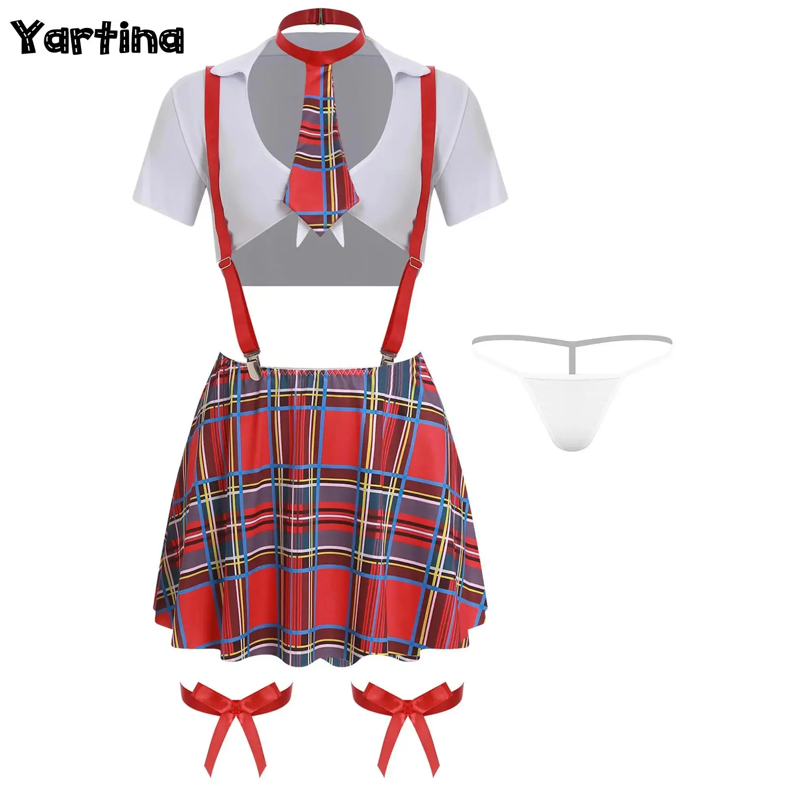 

6Pcs Women Lingerie School Girls Cosplay Costume Student Uniform Club Outfits Cropped Tops with Tie Plaid Suspender Mini Skirts