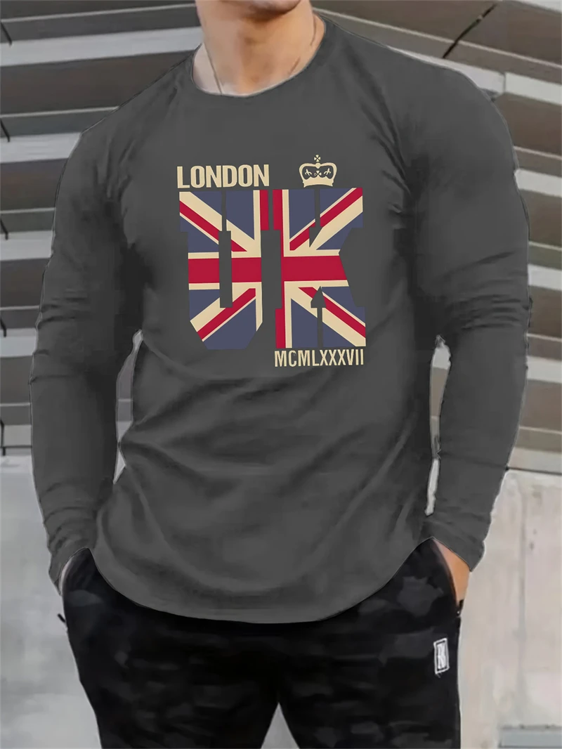 أزياء العلم البريطاني الجرافيك كم طويل تي شيرت للرجال العصرية الشارع الشهير ثلاثية الأبعاد مطبوعة طاقم الرقبة تي شيرت عادية المتضخم تيز #3