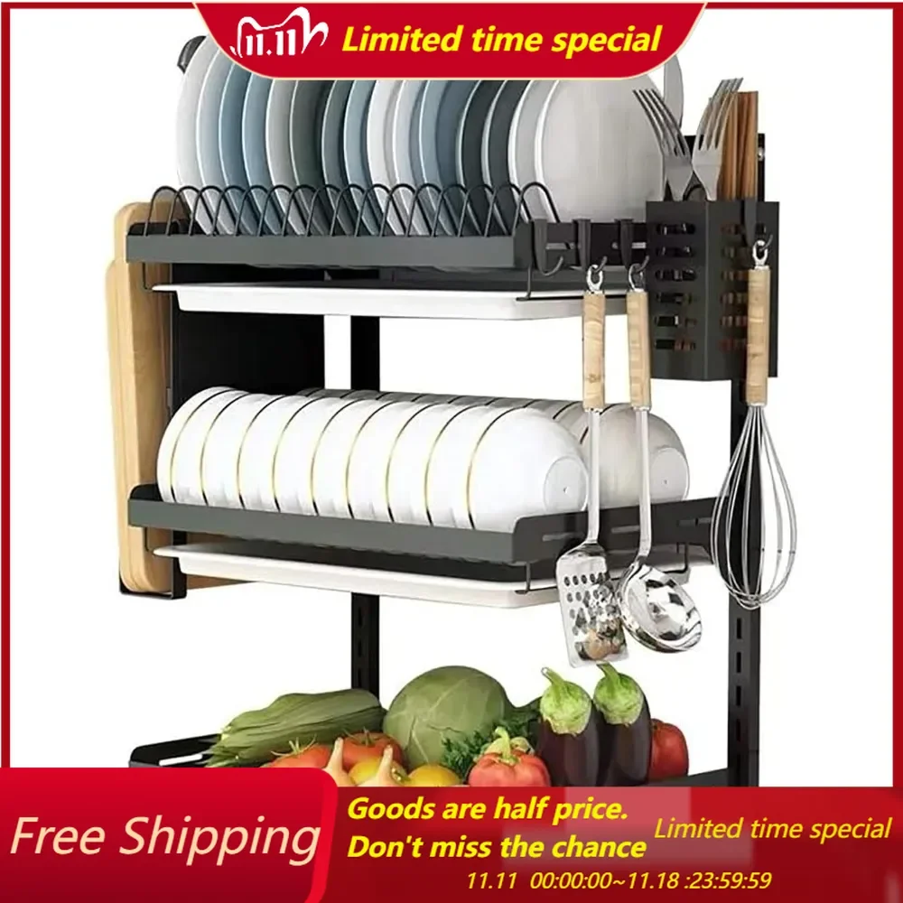 

3 Tier Black Stainless Steel Dish Drying Rack Fruit Vegetable Storage Basket with Drainboard