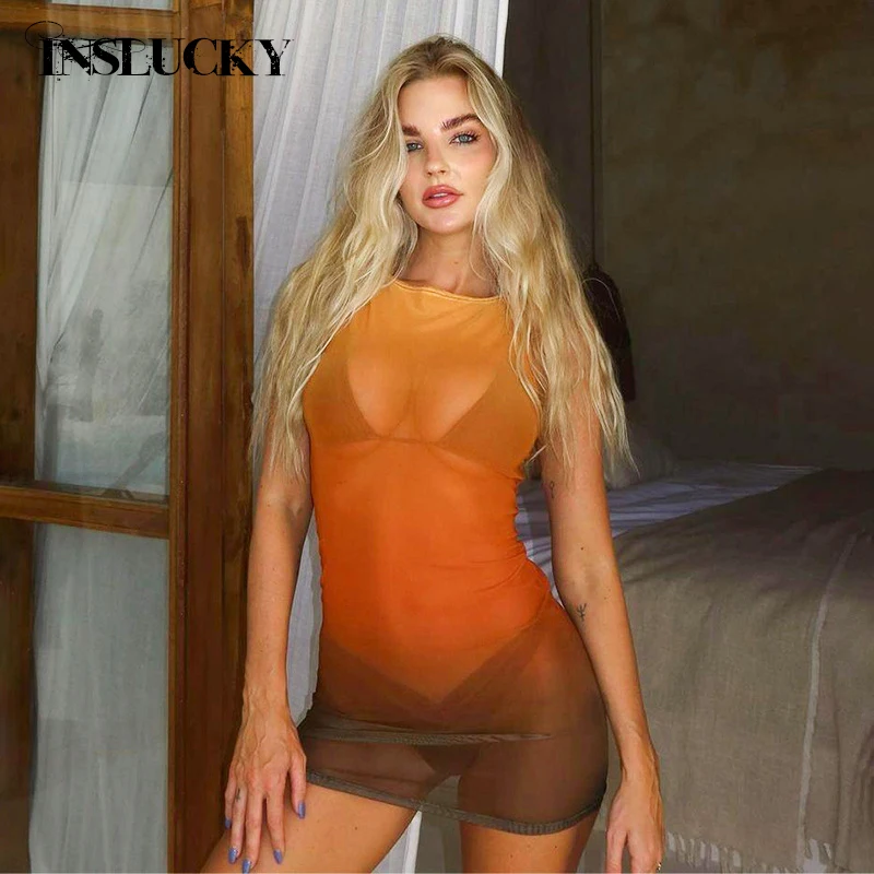 InsLucky Sexy Gradient Sleeveless Mesh See-through Slim High Waist Mini Dress For Women Summer Beach Partywear O Neck Slim Dress