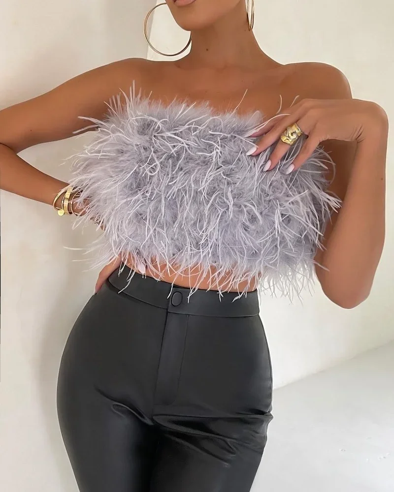 

Sexy Feather Cropped Tank Top Women Fashion Fluffy Backless Solid Tube Tops Female 2025 Spring Summer Lady New Party Club Vest