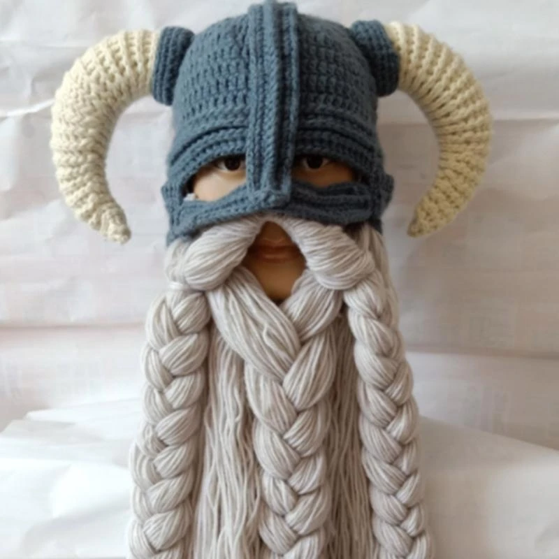 49MF Crocheted Large Beard Horns Mask Hat Handmade Horn Hat Thermal Male Female Couple Winter for Holiday Birthday Gifts