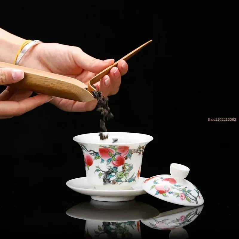 Jingdezhen-White Jade Ceramic Tea Cup, Peach Pattern Teacup, Bowl Shaped Tureen, Chinese Kung Fu Teaware Gift Drinkware
