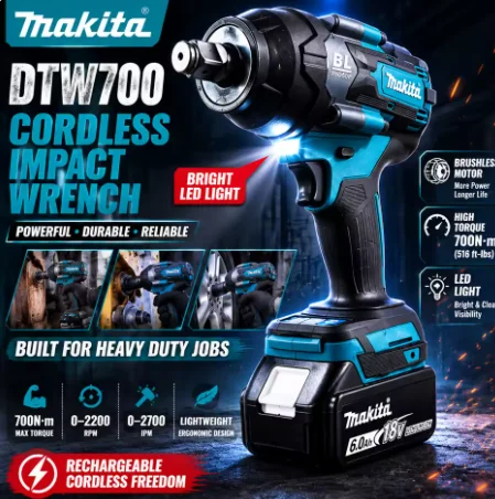 Makita DTW700 18V 1/2 Inch Brushless Impact Wrench 700Nm/1000Nm 4-Mode Power Tool for Auto Repair Heavy-Duty Use