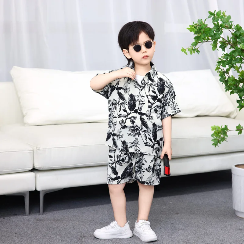 Summer Teenage Boy Clothes Set Children Fashion Single Coconut Trees Short Sleeve Shirt Top and Shorts BottomSuit Beach Wear