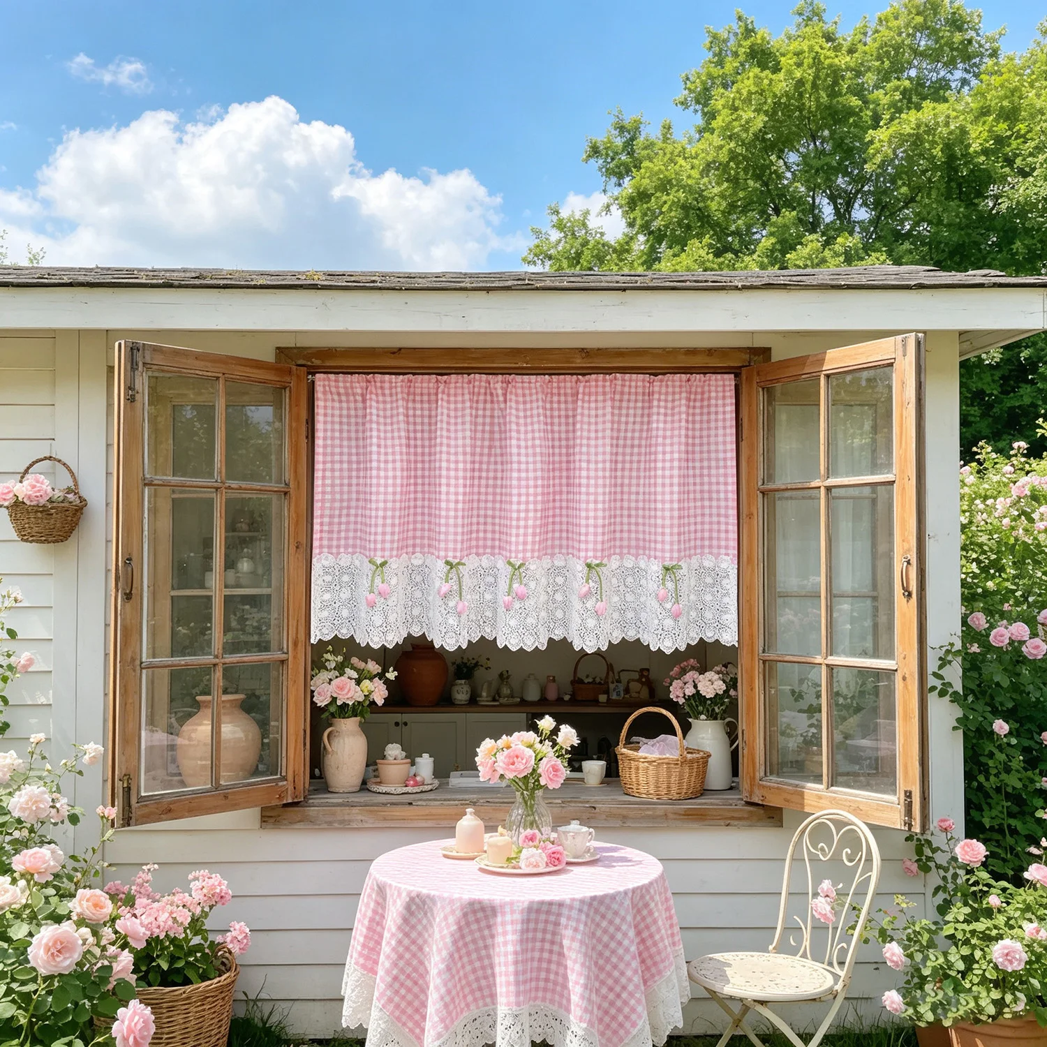 1PC Korean Pink Lattice Lace Short Curtain, Tulip Decoration, Window Drape for Kitchen, Door, Living Room, Cabinet Home Decor