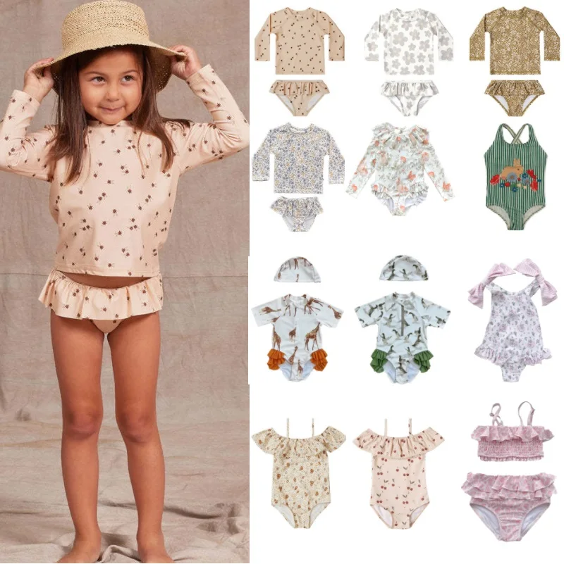 

Girls Swimming Costume 2023 Summer Print Fashion Girls One-piece Swimming Costume Long Sleeve Stretch Sun Protection Beachwear