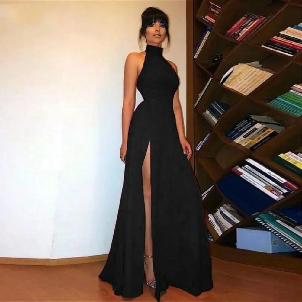 

Elegant High Neck Sleeveless Black Satin Evening Dresses Mermaid Simple Cheap Formal Prom Party Gown with Split Porm Dresses