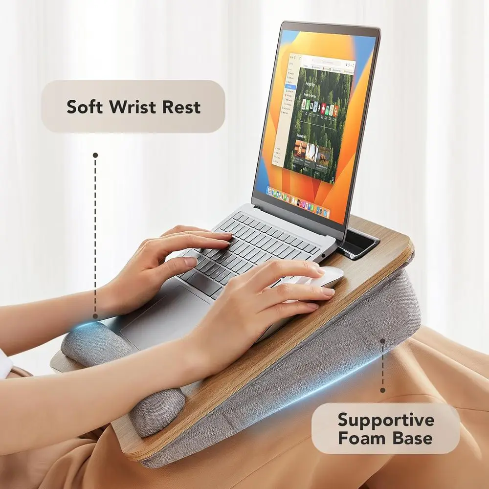 Portable Lap Laptop Desk with Pillow Cushion, Fits up to 15.6 inch Laptop, with Anti-Slip Strip & Storage Function for Home Offi
