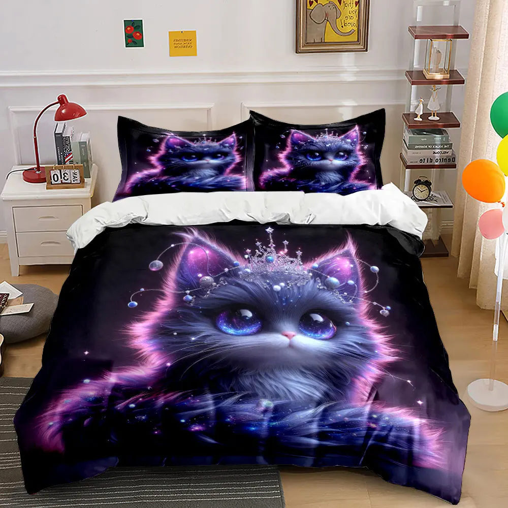 

Fantasy Purple Cat Ears with Crown Duvet Cover Set with 3D Printing Design Soft Polyester Bedding Set All-Season Comfort