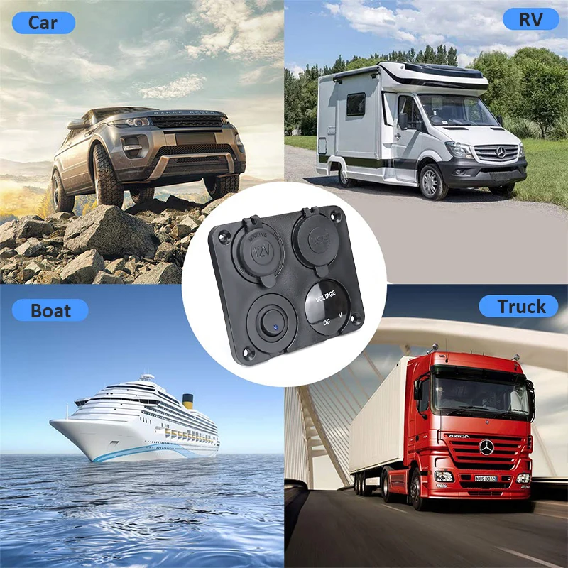 12V USB Panel Socket 4 in 1 Dual USB Charger with Rocker Switch Car Cigarette Lighter Digital Voltmeter for Car Boat Truck RV