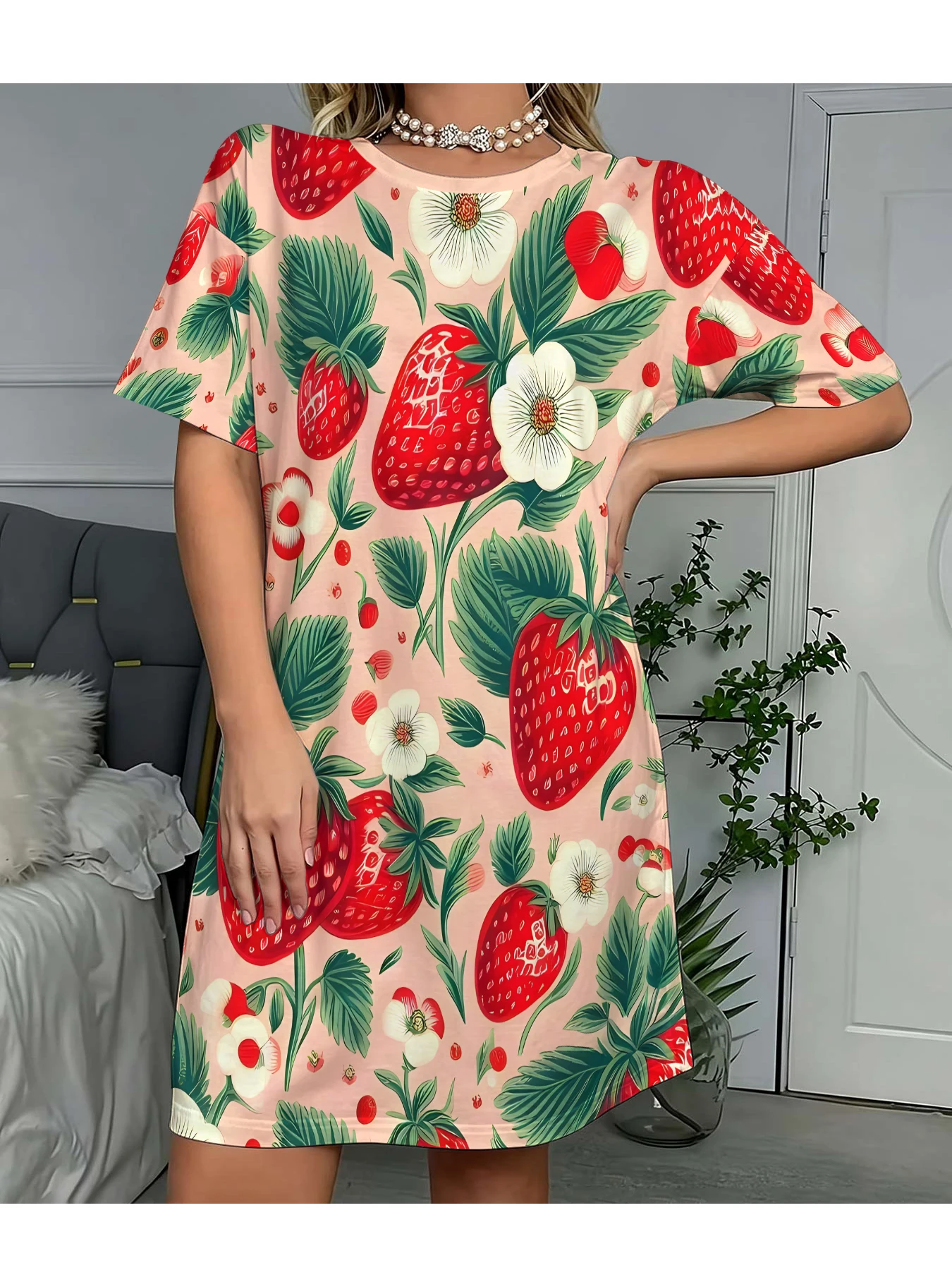 Women's Round Neck Short-Sleeved Dress, Light Pink Base with Hand-Painted Large Strawberries, White Wildflowers, and Green Leaves All over Print Casual Dress